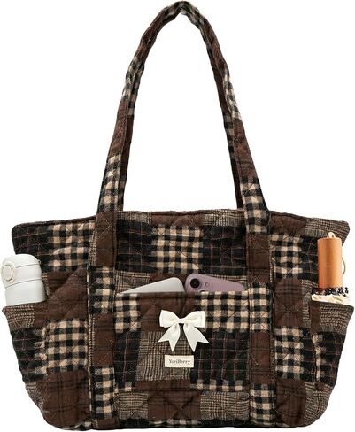 Tote Bag for Women, Quilted Plaid Tote Bag with Zipper, Patchwork Quilted Cotton Shoulder Bag for Women, Lightweight Brown Plaid bag for College, Travel, Daily, Women's Gifts for Sister | Patchwork in Saudi Arabia