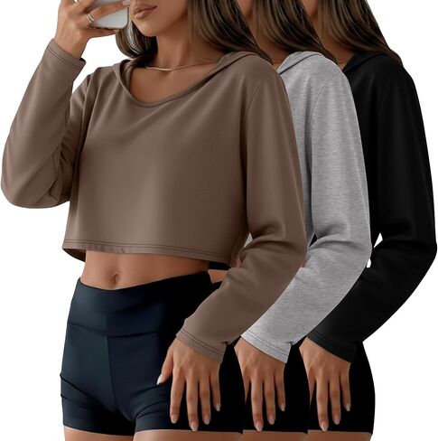 3 Pack Women's Cropped Hoodies Long Sleeve Lightweight Hooded Shirts U Neck Crop Tops Basic Casual Pullover in Saudi Arabia