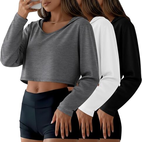 3 Pack Women's Cropped Hoodies Long Sleeve Lightweight Hooded Shirts U Neck Crop Tops Basic Casual Pullover in Saudi Arabia