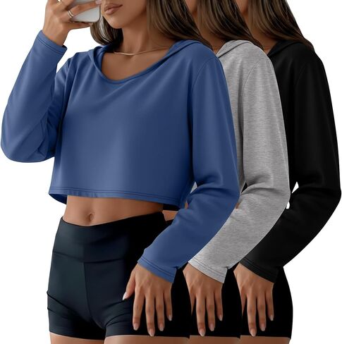 3 Pack Women's Cropped Hoodies Long Sleeve Lightweight Hooded Shirts U Neck Crop Tops Basic Casual Pullover in Saudi Arabia