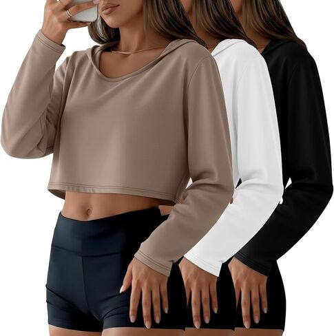 3 Pack Women's Cropped Hoodies Long Sleeve Lightweight Hooded Shirts U Neck Crop Tops Basic Casual Pullover in Saudi Arabia