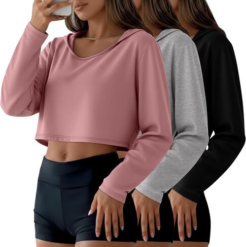 3 Pack Women's Cropped Hoodies Long Sleeve Lightweight Hooded Shirts U Neck Crop Tops Basic Casual Pullover in Saudi Arabia