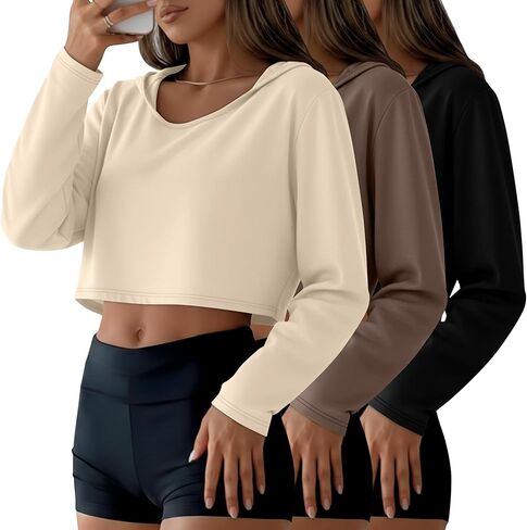 3 Pack Women's Cropped Hoodies Long Sleeve Lightweight Hooded Shirts U Neck Crop Tops Basic Casual Pullover in Saudi Arabia