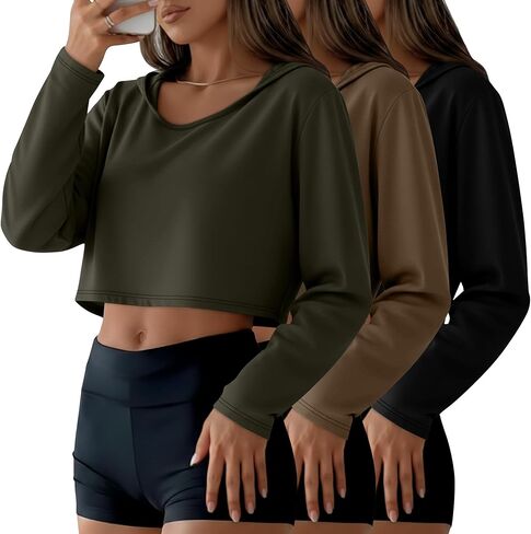 3 Pack Women's Cropped Hoodies Long Sleeve Lightweight Hooded Shirts U Neck Crop Tops Basic Casual Pullover in Saudi Arabia