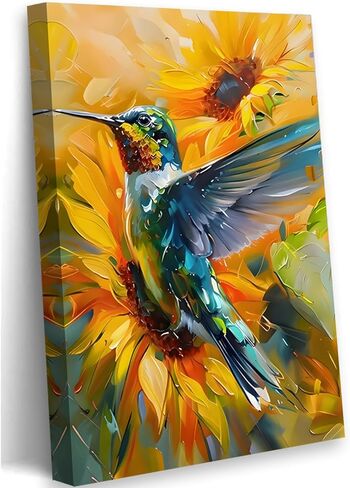 لوحة فنية جدارية من القماش على شكل طائر طنان ملون، ثنائية الأبعاد بدون نسيج لوحة عباد الشمس لتزيين الحائط، صورة طائر طنان أصفر لحائط غرفة المعيشة والحمام وغرفة النوم وديكور المنزل 12 × 18 بوصة (قماش ممتد على إطار خشبي) in Kuwait