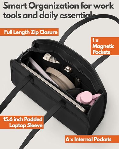 Work Tote Bags for Women 15.6 Inch - Laptop Tote Bag with Zip Compartments - Briefcase for Women Professional for Computer - Large PU Leather Office Purse - Black in Saudi Arabia