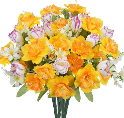 HUAESIN 4 Bundles Daffodils Artificial Flowers Silk Narcissus Yellow Easter Flower Bouquets with Faux Tulip for Vase Fake Spring Cemetery Flowers for Grave Home Kitchen Table Centerpieces Outdoor in Kuwait