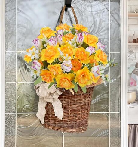HUAESIN 4 Bundles Daffodils Artificial Flowers Silk Narcissus Yellow Easter Flower Bouquets with Faux Tulip for Vase Fake Spring Cemetery Flowers for Grave Home Kitchen Table Centerpieces Outdoor in Kuwait