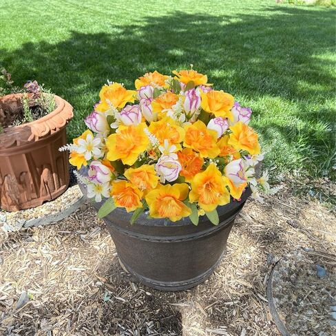 HUAESIN 4 Bundles Daffodils Artificial Flowers Silk Narcissus Yellow Easter Flower Bouquets with Faux Tulip for Vase Fake Spring Cemetery Flowers for Grave Home Kitchen Table Centerpieces Outdoor in Kuwait