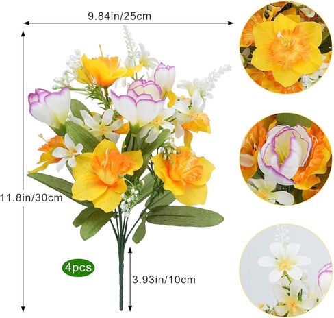 HUAESIN 4 Bundles Daffodils Artificial Flowers Silk Narcissus Yellow Easter Flower Bouquets with Faux Tulip for Vase Fake Spring Cemetery Flowers for Grave Home Kitchen Table Centerpieces Outdoor in Kuwait