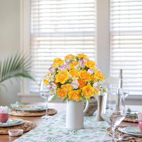 HUAESIN 4 Bundles Daffodils Artificial Flowers Silk Narcissus Yellow Easter Flower Bouquets with Faux Tulip for Vase Fake Spring Cemetery Flowers for Grave Home Kitchen Table Centerpieces Outdoor in Kuwait