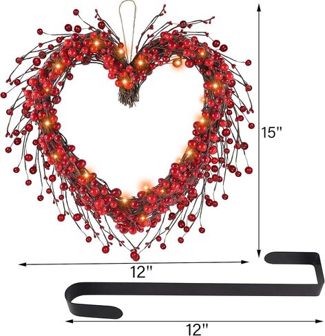 DR.DUDU إكليل عيد الحب، 15 بوصة LED مضاءة على شكل قلب التوت الأحمر أكاليل عيد الحب للباب الأمامي، أكاليل صناعية تعمل بالبطارية لتزيين المنزل لرف الجدار الداخلي الخارجي in Kuwait