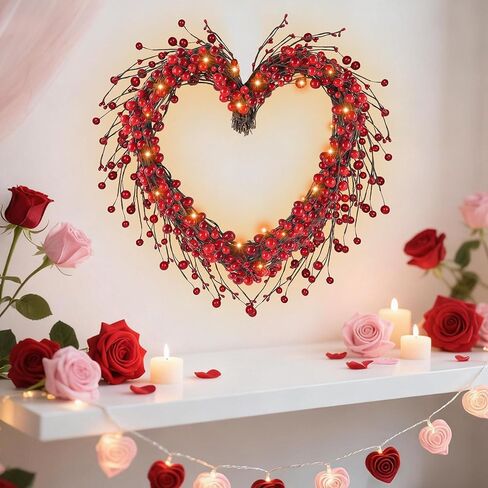 DR.DUDU إكليل عيد الحب، 15 بوصة LED مضاءة على شكل قلب التوت الأحمر أكاليل عيد الحب للباب الأمامي، أكاليل صناعية تعمل بالبطارية لتزيين المنزل لرف الجدار الداخلي الخارجي in Kuwait