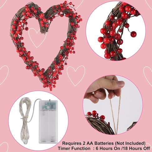 DR.DUDU إكليل عيد الحب، 15 بوصة LED مضاءة على شكل قلب التوت الأحمر أكاليل عيد الحب للباب الأمامي، أكاليل صناعية تعمل بالبطارية لتزيين المنزل لرف الجدار الداخلي الخارجي in Kuwait