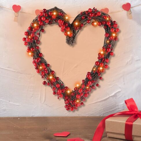 DR.DUDU إكليل عيد الحب، 15 بوصة LED مضاءة على شكل قلب التوت الأحمر أكاليل عيد الحب للباب الأمامي، أكاليل صناعية تعمل بالبطارية لتزيين المنزل لرف الجدار الداخلي الخارجي in Kuwait
