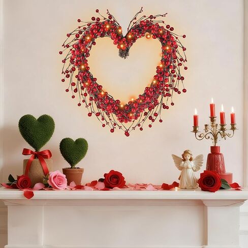 DR.DUDU إكليل عيد الحب، 15 بوصة LED مضاءة على شكل قلب التوت الأحمر أكاليل عيد الحب للباب الأمامي، أكاليل صناعية تعمل بالبطارية لتزيين المنزل لرف الجدار الداخلي الخارجي in Kuwait