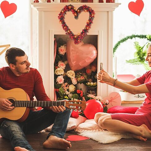 DR.DUDU إكليل عيد الحب، 15 بوصة LED مضاءة على شكل قلب التوت الأحمر أكاليل عيد الحب للباب الأمامي، أكاليل صناعية تعمل بالبطارية لتزيين المنزل لرف الجدار الداخلي الخارجي in Kuwait