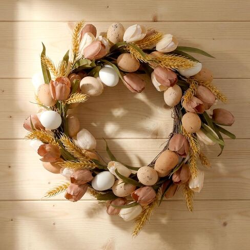 16 Inch Easter Wreaths for Front Door Neutral Tulip Easter Eggs Wreaths Artificial Brown Floral Spring Wreath for Front Door Farmhouse Indoor Outdoor Home Porch Wall Window Festival Decor in Saudi Arabia