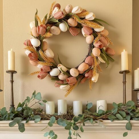 16 Inch Easter Wreaths for Front Door Neutral Tulip Easter Eggs Wreaths Artificial Brown Floral Spring Wreath for Front Door Farmhouse Indoor Outdoor Home Porch Wall Window Festival Decor in Saudi Arabia