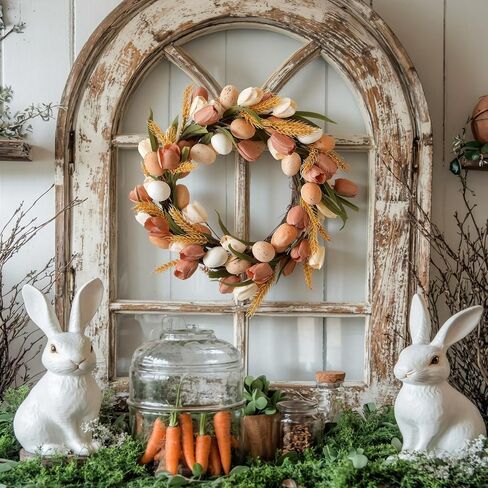 16 Inch Easter Wreaths for Front Door Neutral Tulip Easter Eggs Wreaths Artificial Brown Floral Spring Wreath for Front Door Farmhouse Indoor Outdoor Home Porch Wall Window Festival Decor in Saudi Arabia