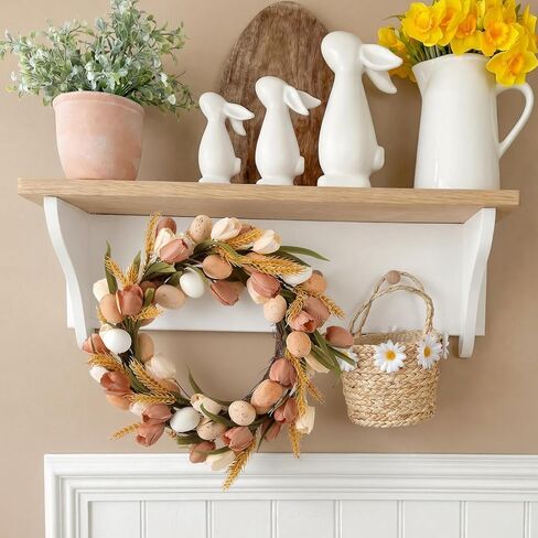 16 Inch Easter Wreaths for Front Door Neutral Tulip Easter Eggs Wreaths Artificial Brown Floral Spring Wreath for Front Door Farmhouse Indoor Outdoor Home Porch Wall Window Festival Decor in Saudi Arabia