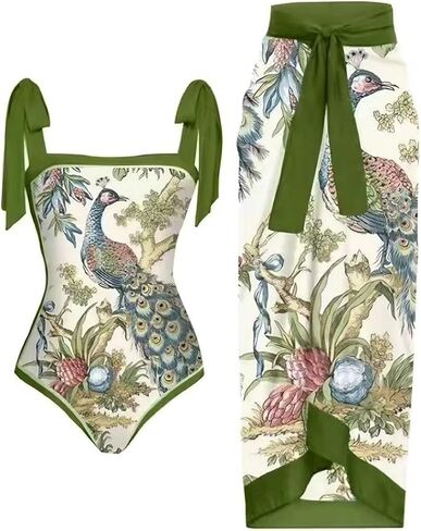 Women's Peacock Swimsuit Set with Vibrant Flower and Peacock Design, High Elasticity Polyester Fiber, Perfect for Beach and Swimming Pool, Beach Swimsuit, L Size in Saudi Arabia