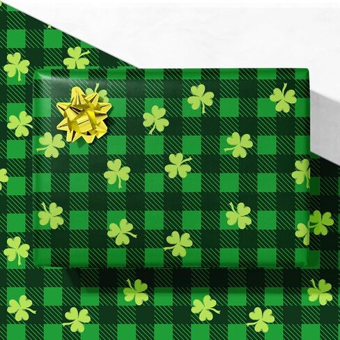 GIOLNIAY St. Patrick's Day Wrapping Paper for Men Women Kids - Cute Irish Clover Design - Leprechaun Gnome & Shamrock Gift Wrap - 4 Jumbo Sheets, 28" x 40" Each, Easy to Store in Saudi Arabia