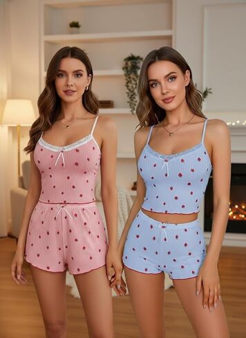 2 Pcs Women's Strawberry Printed Bow Pajamas Set With Lace Camisole Top And Shorts, Comfort Breath, Daily Home Wear And Sleep in Saudi Arabia