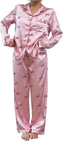 Women's Satin Pajamas Set Bow Striped Button Down 2 Piece Silk Pjs Cute Soft Pj Pants Set Sleepwear in Saudi Arabia