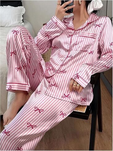 Women's Satin Pajamas Set Bow Striped Button Down 2 Piece Silk Pjs Cute Soft Pj Pants Set Sleepwear in Saudi Arabia
