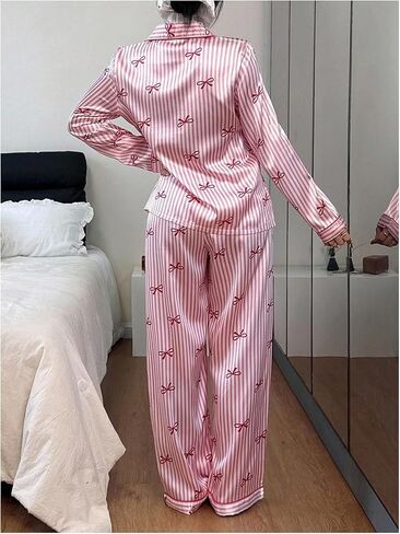 Women's Satin Pajamas Set Bow Striped Button Down 2 Piece Silk Pjs Cute Soft Pj Pants Set Sleepwear in Saudi Arabia