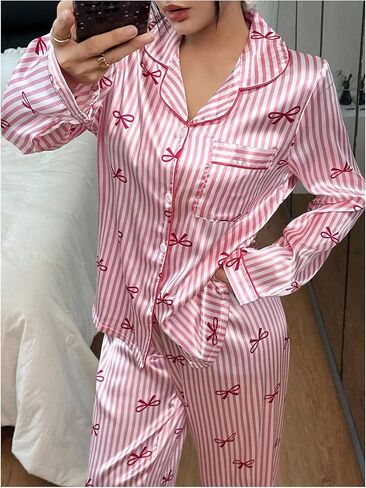 Women's Satin Pajamas Set Bow Striped Button Down 2 Piece Silk Pjs Cute Soft Pj Pants Set Sleepwear in Saudi Arabia