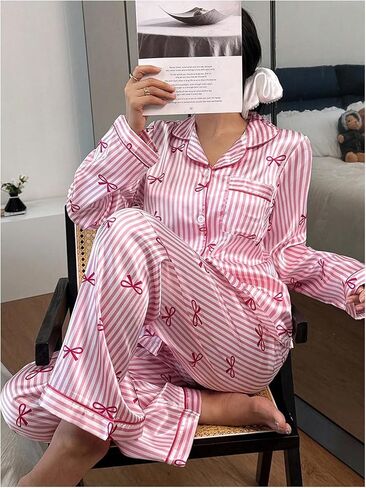 Women's Satin Pajamas Set Bow Striped Button Down 2 Piece Silk Pjs Cute Soft Pj Pants Set Sleepwear in Saudi Arabia