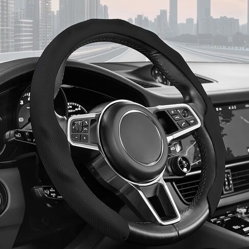 Premium Nappa Leather Steering Wheel Cover, Universal 15 in Car Steering Wheel Cover, Non-Slip and Breathable, Fits Most Cars(Black) in Kuwait