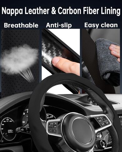 Premium Nappa Leather Steering Wheel Cover, Universal 15 in Car Steering Wheel Cover, Non-Slip and Breathable, Fits Most Cars(Black) in Kuwait