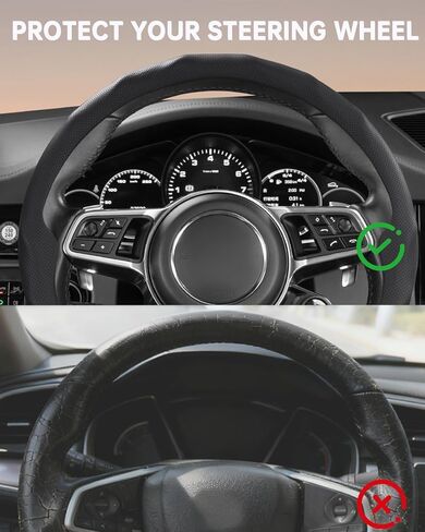 Premium Nappa Leather Steering Wheel Cover, Universal 15 in Car Steering Wheel Cover, Non-Slip and Breathable, Fits Most Cars(Black) in Kuwait