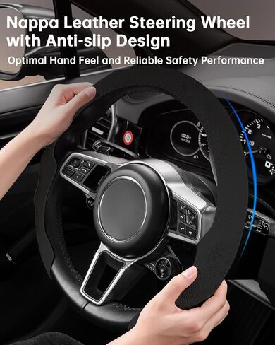 Premium Nappa Leather Steering Wheel Cover, Universal 15 in Car Steering Wheel Cover, Non-Slip and Breathable, Fits Most Cars(Black) in Kuwait