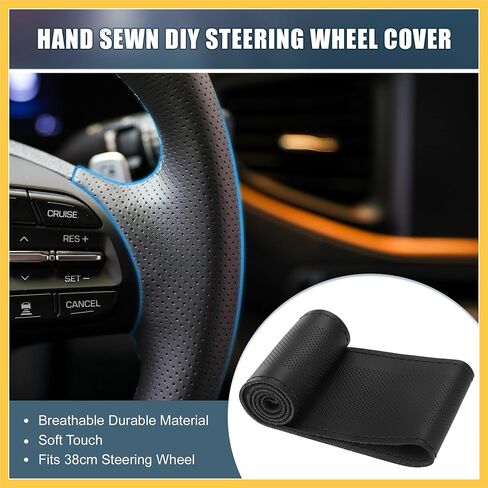 Car Hand Sewn DIY Steering Wheel Cover Breathable Comfortable 38cm Stitch on Wrap Cover Microfiber Leather Black Stitches Auto Replacement Parts in Saudi Arabia