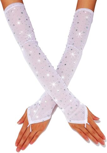 Long Rhinestone Fingerless Gloves Sparkly Tulle Sheer Gloves Party Stretch Prom Accessories for Women and Girls in Kuwait