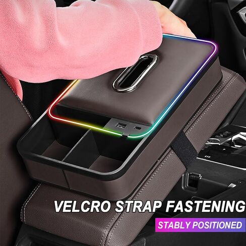 غطاء وحدة التحكم المركزية للسيارة 5 في 1 مع حاملات أكواب بإضاءة LED بـ 7 ألوان وصندوق مناديل وفتحة للهاتف وغطاء مسند ذراع من الجلد المصنوع من الألياف الدقيقة وملحقات داخلية لمعظم المركبات (بني) in Kuwait