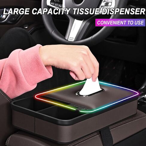 غطاء وحدة التحكم المركزية للسيارة 5 في 1 مع حاملات أكواب بإضاءة LED بـ 7 ألوان وصندوق مناديل وفتحة للهاتف وغطاء مسند ذراع من الجلد المصنوع من الألياف الدقيقة وملحقات داخلية لمعظم المركبات (بني) in Kuwait