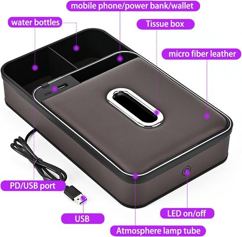 غطاء وحدة التحكم المركزية للسيارة 5 في 1 مع حاملات أكواب بإضاءة LED بـ 7 ألوان وصندوق مناديل وفتحة للهاتف وغطاء مسند ذراع من الجلد المصنوع من الألياف الدقيقة وملحقات داخلية لمعظم المركبات (بني) in Kuwait