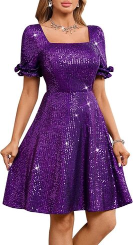 Sequin Puff Sleeve Square Neck Short Party Dress – Sparkly A-Line Cocktail Homecoming Dress for Women in Saudi Arabia