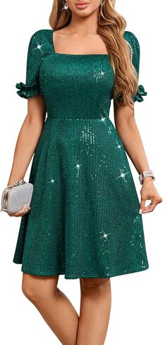 Sequin Puff Sleeve Square Neck Short Party Dress – Sparkly A-Line Cocktail Homecoming Dress for Women in Saudi Arabia