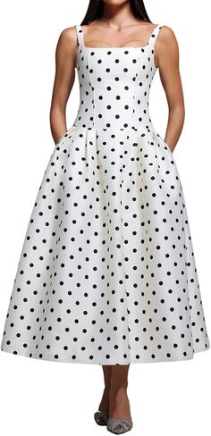 BELLA BARNETT White Spaghetti Strap Satin Polka Dot Dress for Women Maxi Vintage Pleated Prom Homecoming Dress in Saudi Arabia