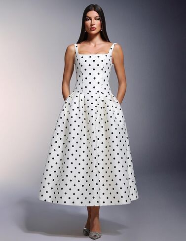 BELLA BARNETT White Spaghetti Strap Satin Polka Dot Dress for Women Maxi Vintage Pleated Prom Homecoming Dress in Saudi Arabia