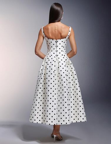 BELLA BARNETT White Spaghetti Strap Satin Polka Dot Dress for Women Maxi Vintage Pleated Prom Homecoming Dress in Saudi Arabia