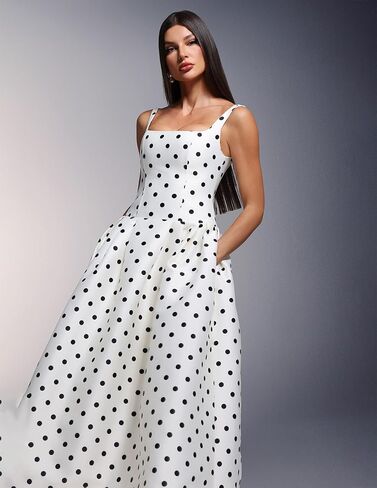 BELLA BARNETT White Spaghetti Strap Satin Polka Dot Dress for Women Maxi Vintage Pleated Prom Homecoming Dress in Saudi Arabia