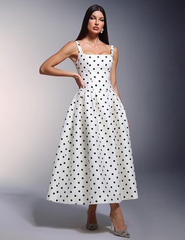 BELLA BARNETT White Spaghetti Strap Satin Polka Dot Dress for Women Maxi Vintage Pleated Prom Homecoming Dress in Saudi Arabia