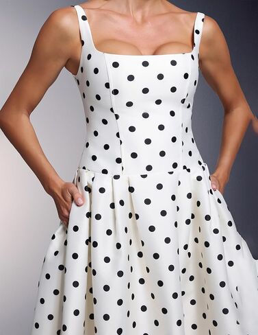 BELLA BARNETT White Spaghetti Strap Satin Polka Dot Dress for Women Maxi Vintage Pleated Prom Homecoming Dress in Saudi Arabia